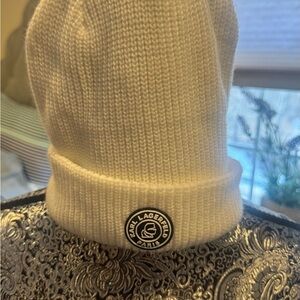 Karl Lagerfeld Cream Folded Cuff Beanie with Logo Patch